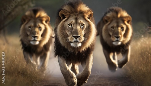 front shot of three fearsome adult lions running towards