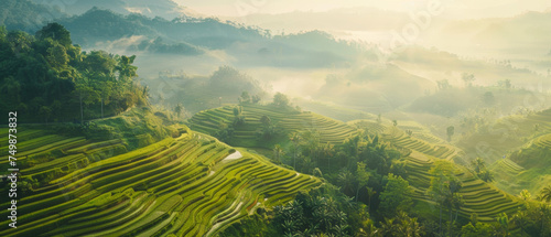 Dawn breaks over verdant rice terraces  mist weaving through the valleys.