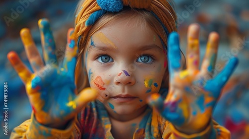 A little girl with colorful hands and a vibrant hairstyle