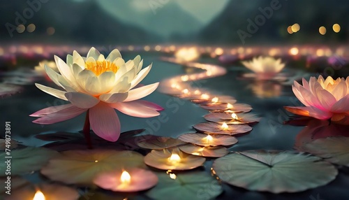 zen lotus flowers draw a path on the water