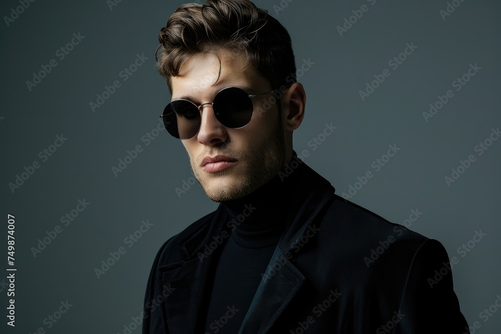 Stylish man in sophisticated attire with round sunglasses exuding confidence and modern elegance against a cool gray background - AI generated Stylish man in sophisticated attire with round sunglasses exuding confidence and modern elegance against a cool gray background - AI generated