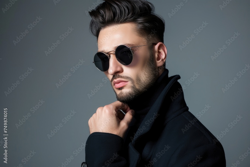 Obraz premium Stylish man in sophisticated attire with round sunglasses exuding confidence and modern elegance against a cool gray background - AI generated
