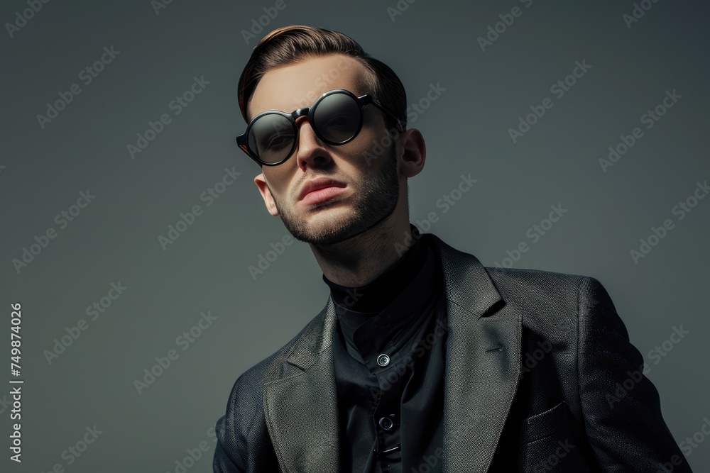 Obraz premium Stylish man in sophisticated attire with round sunglasses exuding confidence and modern elegance against a cool gray background - AI generated