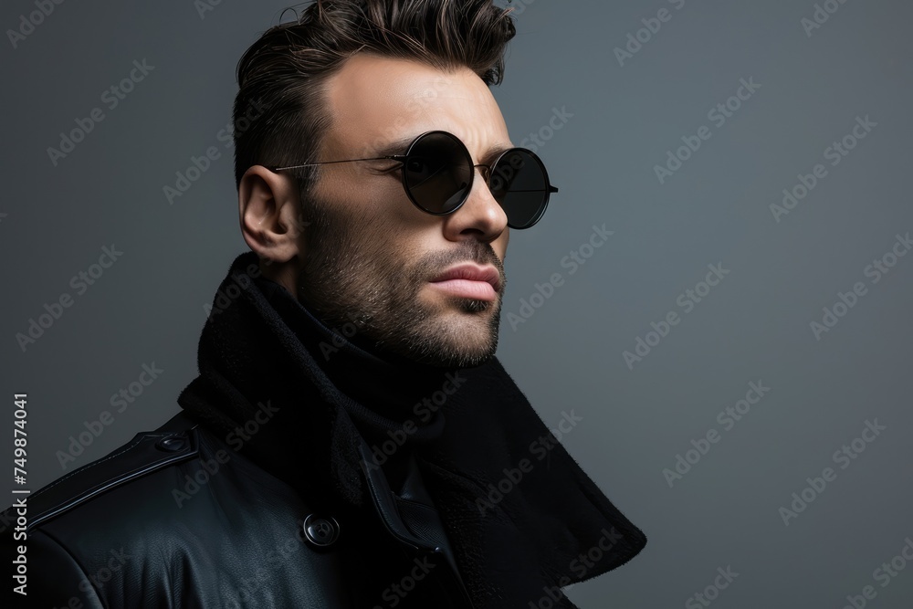 Stylish man in sophisticated attire with round sunglasses exuding confidence and modern elegance against a cool gray background - AI generated Stylish man in sophisticated attire with round sunglasses exuding confidence and modern elegance against a cool gray background - AI generated