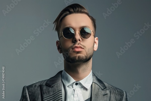 Stylish man in sophisticated attire with round sunglasses exuding confidence and modern elegance against a cool gray background - AI generated