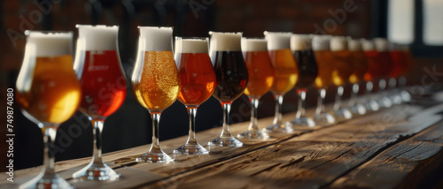 A row of assorted beer glasses showcases a variety of brews on a wooden bar.