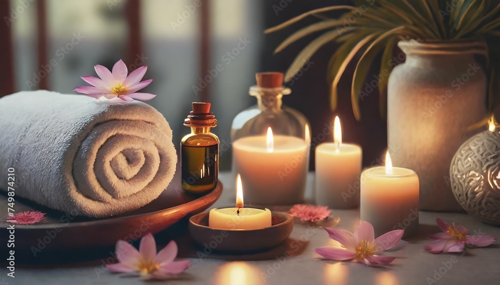 aromatherapy atmosphere of relax serenity and pleasure concept of spa treatment in salon natural organic essential oil towel burning candles anti stress detox procedure wellness banner