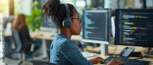A diligent female developer works on computer code in a bright office.