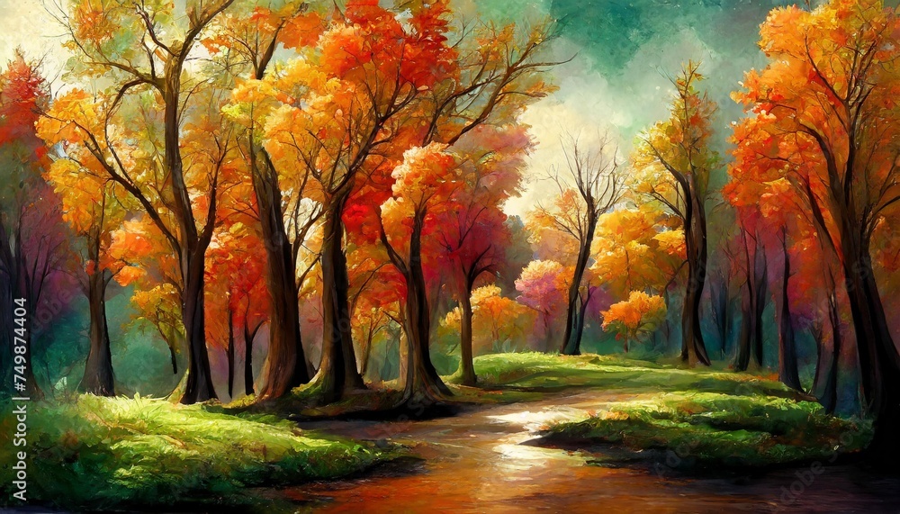 oil painting landscape colorful autumn trees abstract style