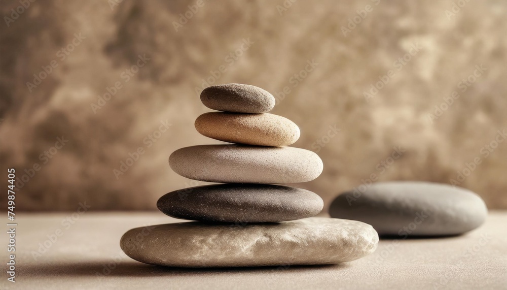 spa balance meditation and zen minimal modern concept stack of stone pebbles against beige wall for design and presentation