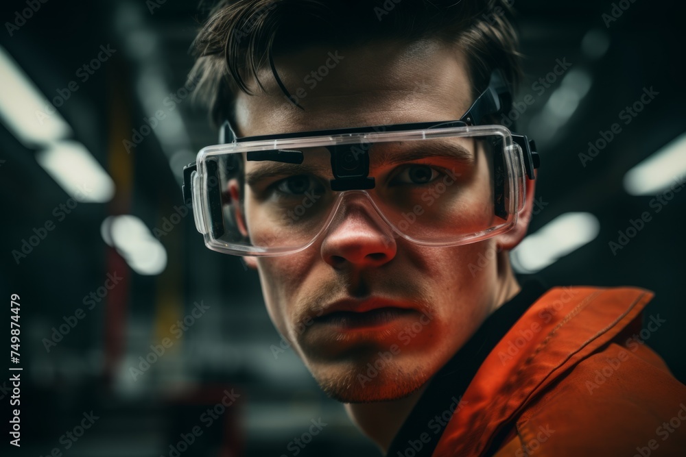 Focused worker man portrait technological industrial complex factory production line workers face safety measures eyewear manufacturing mechanical scientific close-up employee enthusiasm concentration Focused worker man portrait technological industrial complex factory production line workers face safety measures eyewear manufacturing mechanical scientific close-up employee enthusiasm concentration