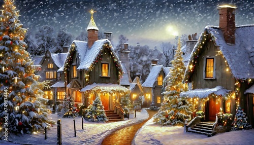 vintage christmas new years greeting card with winter scene in countryside houses rooftops covered with snow church decorated fir trees golden garland lights beautiful night sky calm magical mood