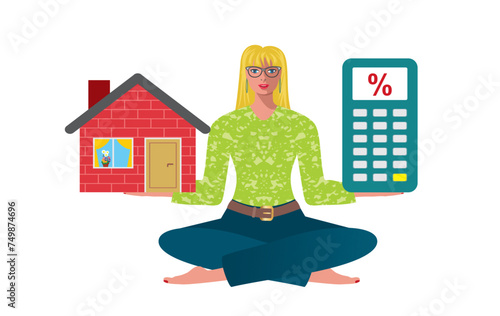 Woman with house and calculator. Economy and cost of living. Isolated. Vector illustration.