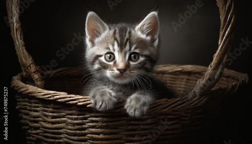 small striped kitten in the old basket
