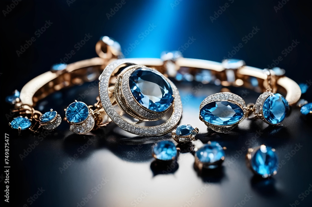 Jewelry made of gold and precious blue stones Jewelry made of gold and precious blue stones