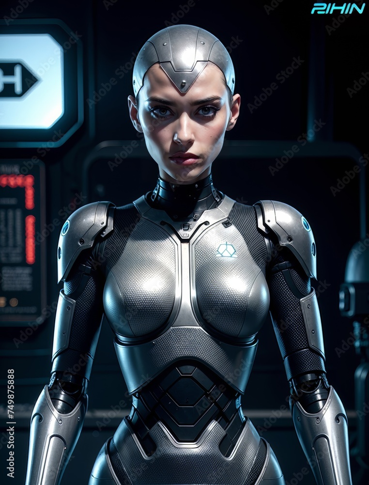 An android girl, in the middle of a technology room. Standing in the centre of the room with her arms along her body. For the poster.