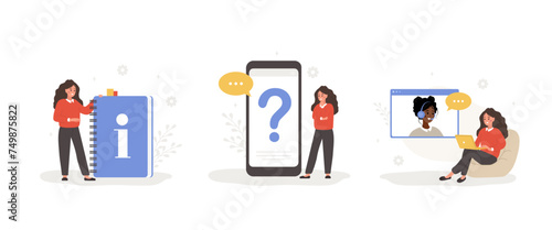 Customer support. Female characters ask questions, get answers, and read user manual. FAQ concept. Online help service. Set of vector illustration in flat cartoon style.