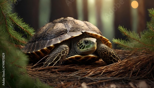 forest turtle aestivating under pine needle nest on a hot summer day photo