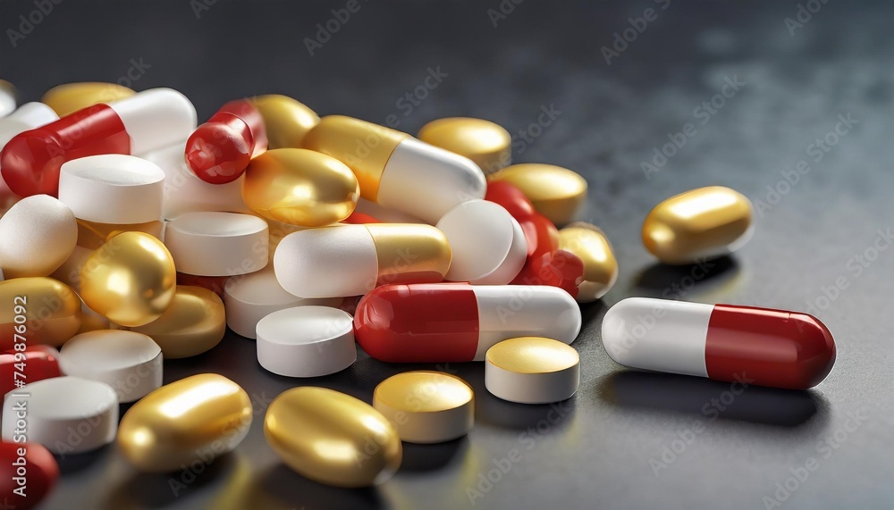 top view of gold white and red pills and capsules on dark background with copy space