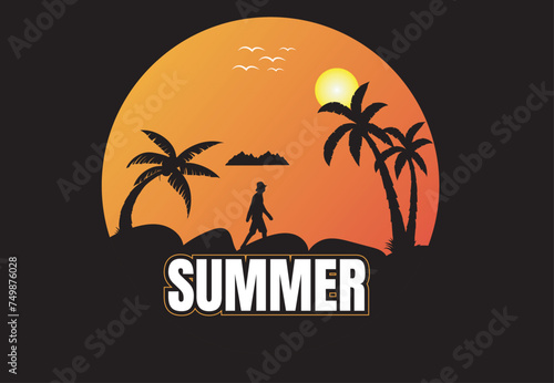 Summer beach and sunset Vector graphic for t shirt and other uses.