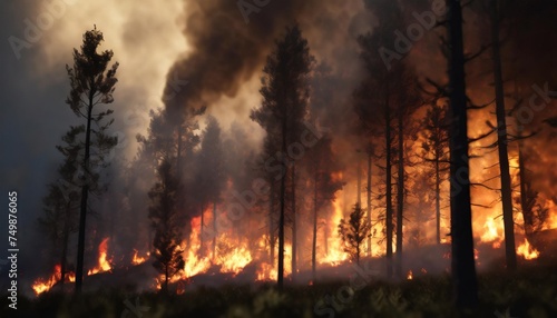 forest fire burning with a lot of smoke at night wildfire heatwave causes forest burning rapidly and destroyed natural calamity pine trees burned during the dry season natural disaster
