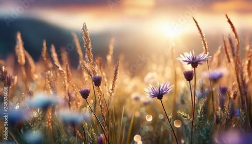 banner with beautiful meadow with wild flowers over sunset sky beauty nature field background with sun flare bokeh silhouettes of wild grass and flower beautiful summer or autumn nature backdrop