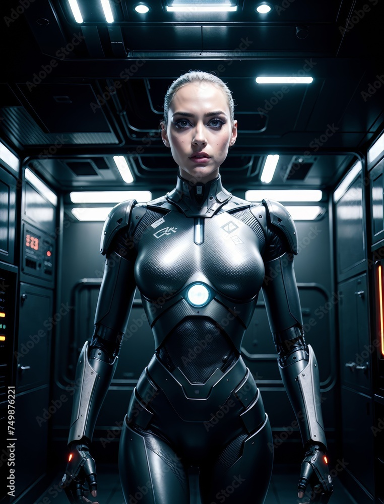 An android girl, in the middle of a technology room. Standing in the centre of the room with her arms along her body. For the poster. An android girl, in the middle of a technology room. Standing in the centre of the room with her arms along her body. For the poster.