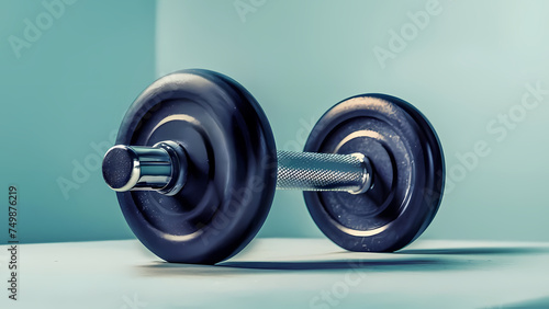  an isolated dumbbell, positioned against a clean, solid-colored background, showcasing its sleek design and metallic finish, perfect for promoting fitness equipment , generative ai