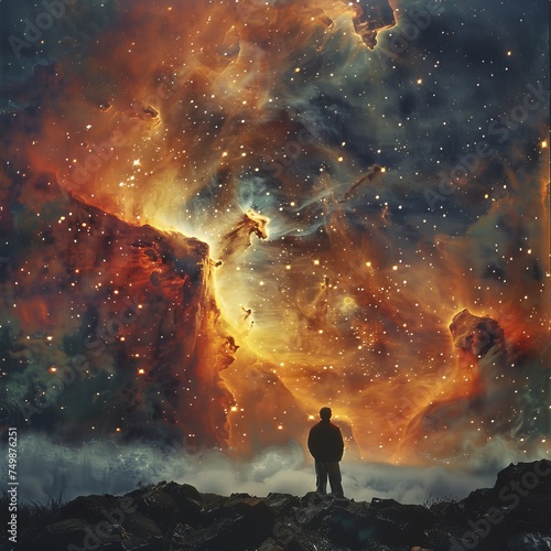 A man as the universe observes a nebula where fire and cloud