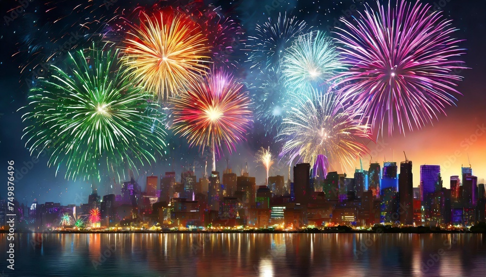 fireworks over the city in rainbow color