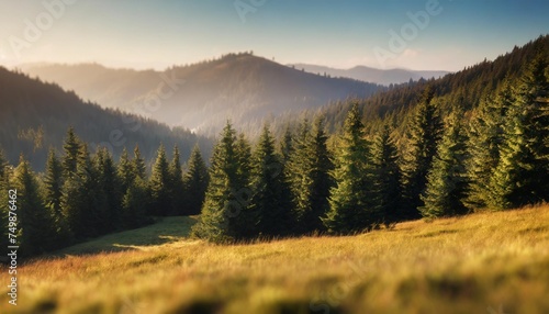 forested hills of carpathian mountains landscape with spruce trees on the grassy meadow beautiful nature scenery on a sunny day in autumn apuseni natural park of romania photo