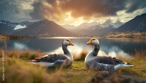two andean geese resting in a landscape composed for a lake and grass at sunset in palcamayo tarma junin peru photo
