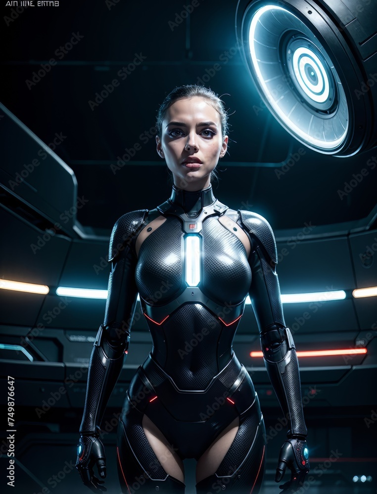 An android girl, in the middle of a technology room. Standing in the centre of the room with her arms along her body. For the poster. An android girl, in the middle of a technology room. Standing in the centre of the room with her arms along her body. For the poster.