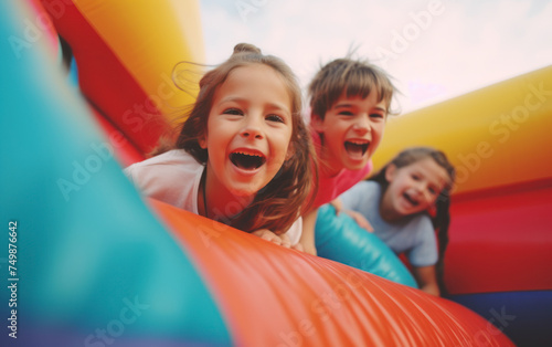 Three children are playing on a colorful inflatable bouncy castle