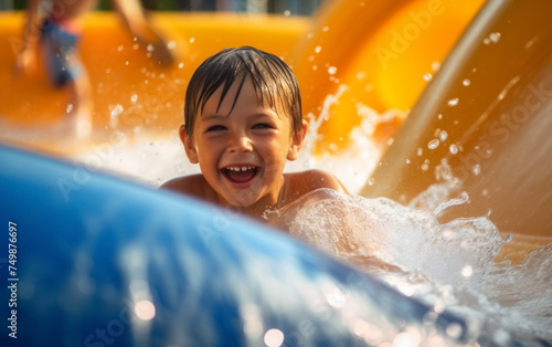 A joyful child with wet hair and a bright smile plays on a water slide