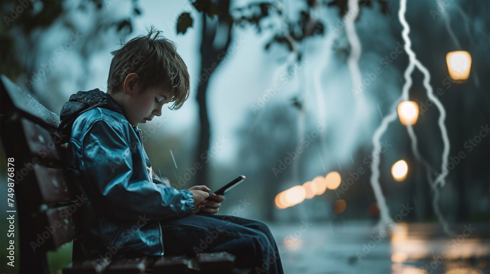 A boy on a bench stares intently at his phone as a storm rages around him, capturing a moment of isolation.: Impact of technology, mental health awareness campaigns, urban lifestyle. - obrazy, fototapety, plakaty 