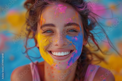 A woman with colorful powder on her face is smiling happily