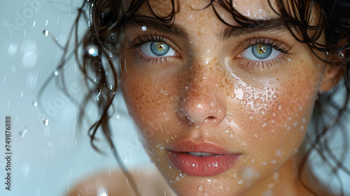 close-up of girl's face in the shower, dripping water drops