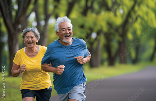 Two older asian people run in a park while smiling
