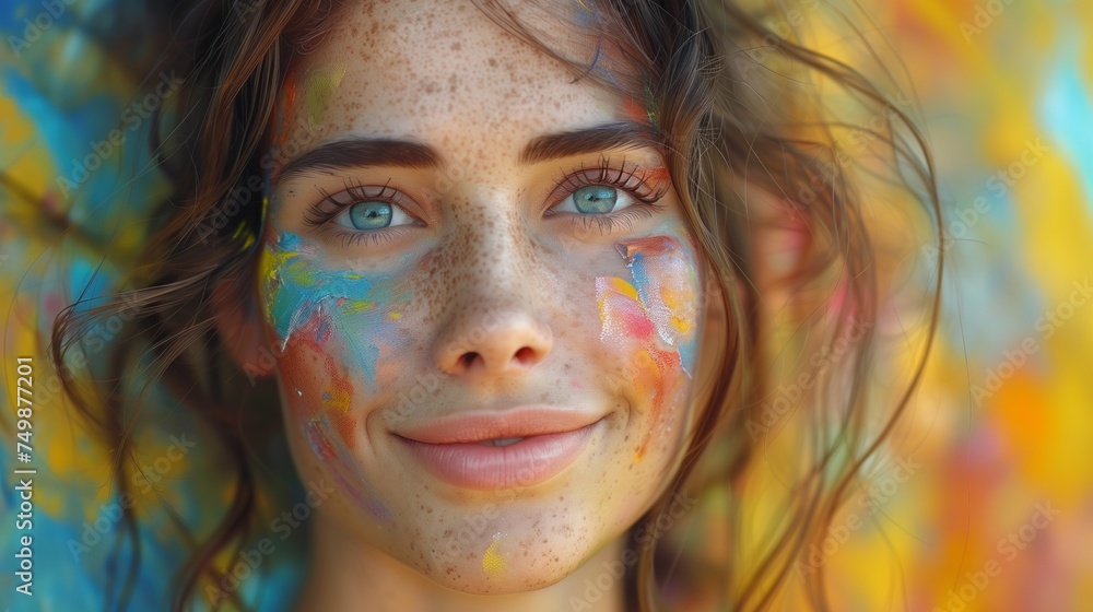 a close up of a woman s face with paint on it a close up of a woman s face with paint on it