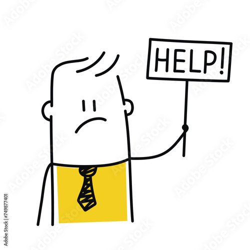 man holds a sign saying help