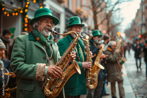 Musicians in green hats and suits celebrating St. Patrick s Day on a city street