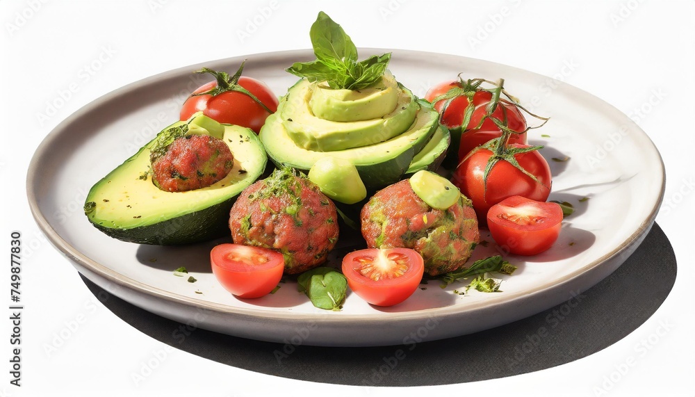 meatballs avocado salad tomatoes plate isolated on white transparent background keto eating concept healthy canva png cutout