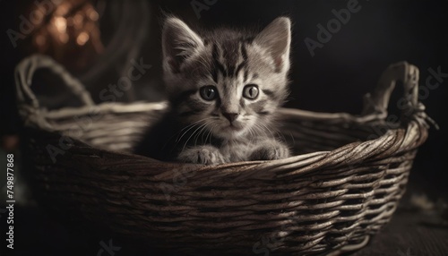 small striped kitten in the old basket