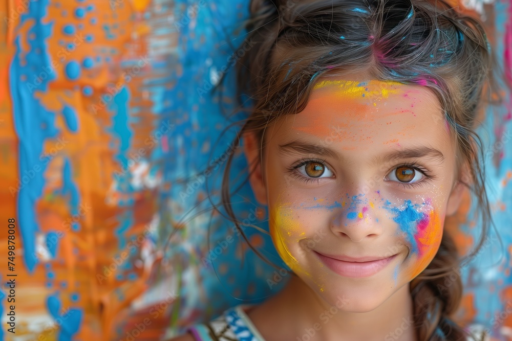Happy girl with paint on cheek and nose smiles in front of painting Happy girl with paint on cheek and nose smiles in front of painting