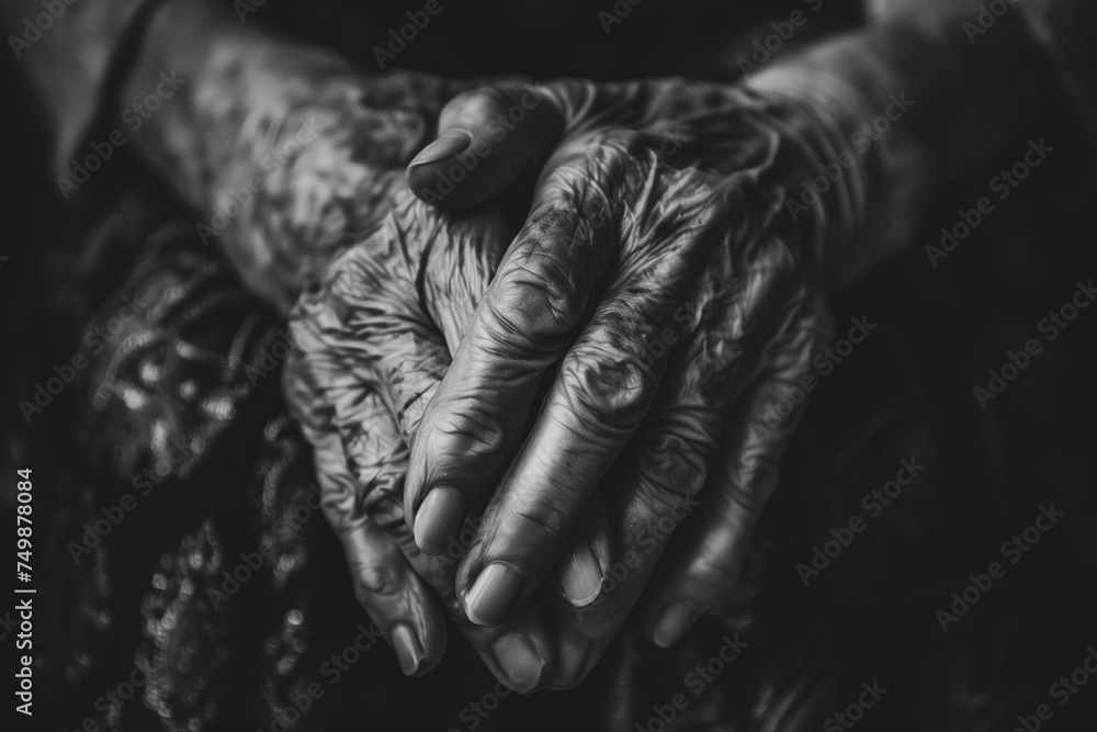 Elderly Hands Folded in Black and White