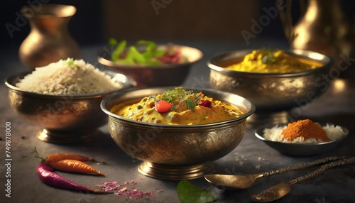bowls of indian food on dark table