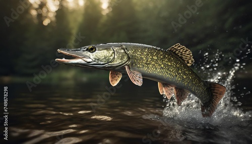 freshwater pike fish esox lucius jumping out of water photo