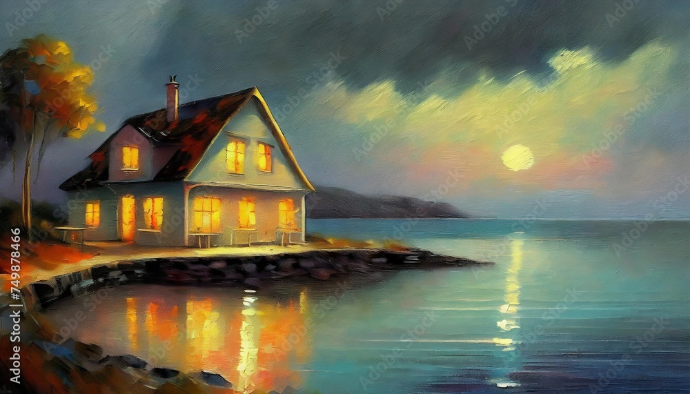 oil painting house near sea