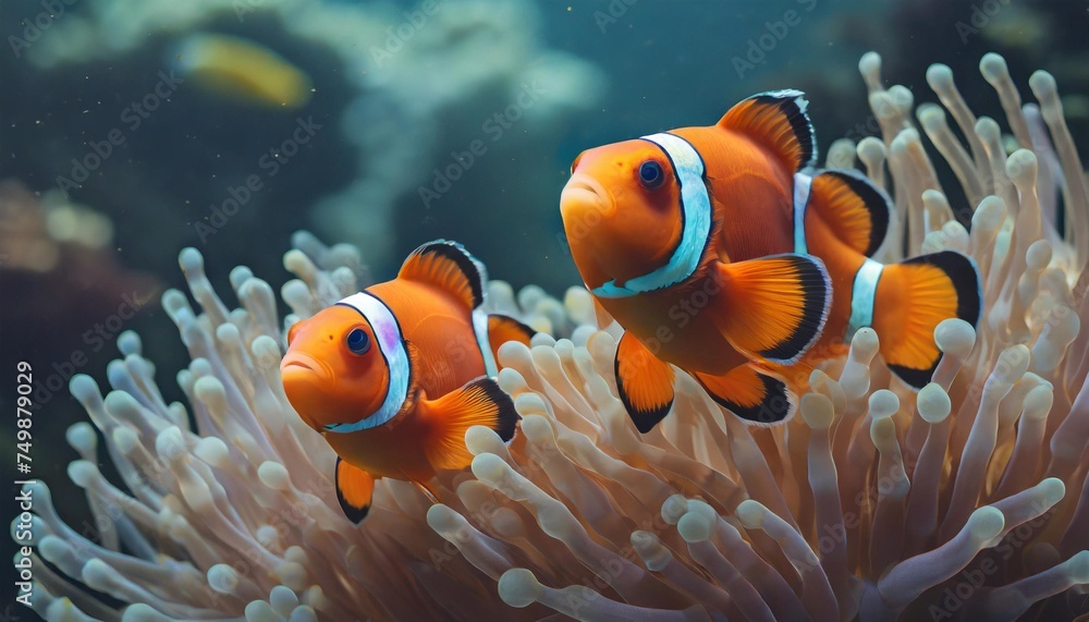 two orange clownfish swimming in aquarium underwater diving and vivid tropical fish hidding in bubble tip anemone real sea life - obrazy, fototapety, plakaty 